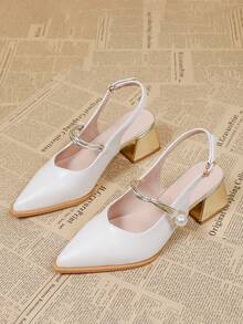 Zapatos de tacón alto con hebilla de perlas elegantes y de moda en color beige para mujer, zapatos tipo Mary Jane de slip-on para todas las estaciones - Beis - Ver 5