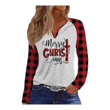 Camisa de Navidad con cuello en V y copo de nieve para mujer, divertida playera de manga larga con diseo grfico de bfalo de Navidad, fiestas familiares, fiestas de invierno - G + B-blanco-3 - Ver 3