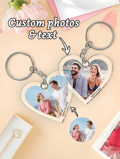 1pc Custom Photo & Text Heart Keychain - Personalized Acrylic Couple Keyring, Customizable Photo Ornament With Name/Date Engraving, Romantic Valentine'S Day Gift For Boyfriend/Girlfriend, Stylish Bag Accessory, Ideal For Anniversary/Birthday