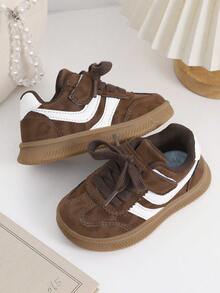 1 Pair Toddler Boys/Girls Floral PU Hook And Loop Design Casual Sports Shoes, Fashionable , Suitable For Autumn - Brown - View 6