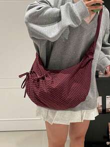 Japanischer Stil karierte Umhängetasche, modische plissierte Damen-Handtasche mit Schleife und Reißverschluss-Dekor, Umhänge-Aktentasche geeignet für Mittel-/Oberschüler und Studenten, leicht faltbare Stofftasche, ideal für Einkaufen und Pendeln, halbmondförmig - Verschiedenfarbig - Übersicht 8