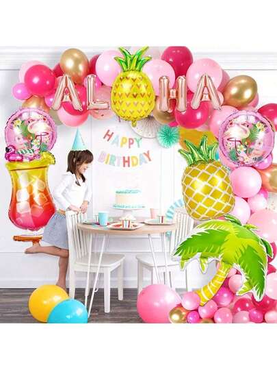 5件/10件火烈鸟棕榈树组合套装，夏季派对装饰，夏威夷主题派对套装，气球装饰，适合儿童生日派对、主题派对、室内外装饰、拍照道具