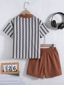 2 pièces/Set Top à manches courtes avec col polo et boutons décoratifs, et short, imprimé géométrique casual pour garçons, été - Marron - Voir 2