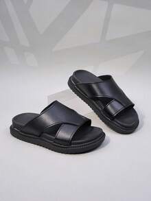 1 Pair Kids' Unisex Cross-Cut Wide Strap Slide Sandals, Smooth Breathable Non-Slip Thick Cushioned Flat Bottom, Minimalist Korean Style Summer Outdoor Beach Home Wear Shoes - Black - View 3