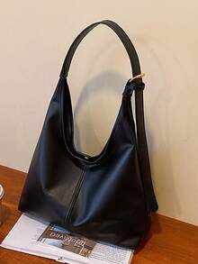 Solid Color Vintage Casual Large Capacity Foldable Shoulder Bag, Lightweight For Students, Shopping, Outdoor Walking , Office - Black - View 6