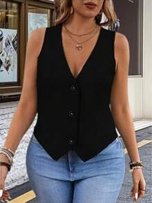 2026春秋加大码修身纽扣马甲，叠穿马甲 - 黑色 - 查看 3