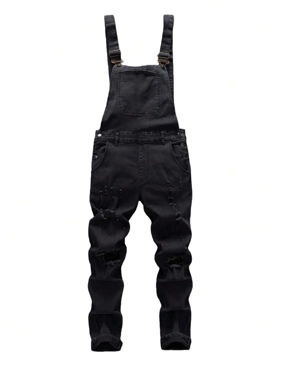 Men's Versatile Ripped Overalls With Large Pockets, Casual And Slim Fit. - màu đen - Xem 1