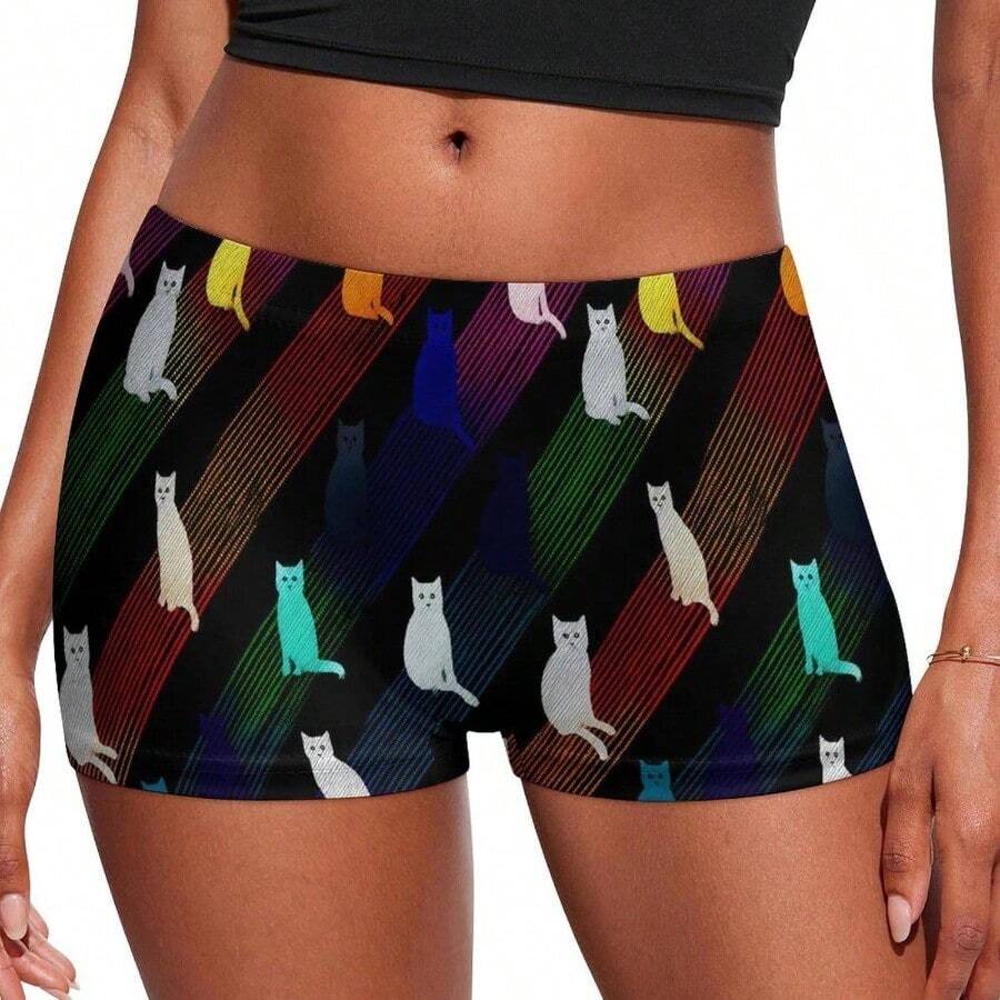 Pantalones cortos coloridos con estampado de silueta de gato para mujer, sin costuras, suaves, elsticos, para mujer, multicolor - inicial - Ver 1