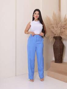 Women's Tailored Wide Leg Straight Leg Trousers With High Waist, Elastic Back, Side Pocket, Elegant And Comfortable, Loose Fit And Perfect Drape For The Office. - 霧霾藍 - 查看 4