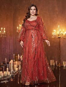 [Random Cut] UNITHORSE Plus Women's Sweetheart Neckline Lantern Sleeve Slim-Fitting Long Evening Dress - Orange - View 4