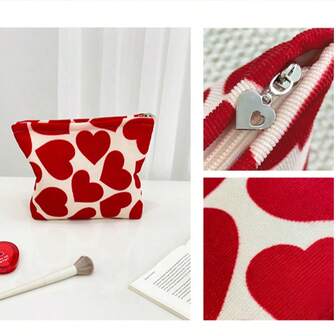 1pc Fashion Heart Corduroy Cosmetic Bag, Handheld/Octagonal/Drawstring 3 Stylish Toiletry Pouch, Valentine's Day Holiday Party Gift, Home & Travel Skincare Storage Bag