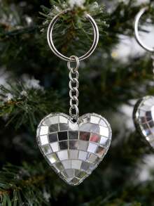 Herzförmiger reflektierender Spiegelkugel Schlüsselanhänger Anhänger, kreative Weihnachts Disco Liebe Ornament Kugel Schlüsselring, Taschenanhänger, Party & Outdoor Garten Dekoration - Silber - Übersicht 2