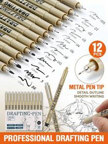 12 pièces/set Stylos feutres noirs multifonctions, set de stylos à pointe ultra-fine, 12 tailles de pointe, idéal pour le dessin détaillé, le croquis, l'écriture, parfait pour les artistes et les passionnés - Pinceau à pointe fine - Voir 1
