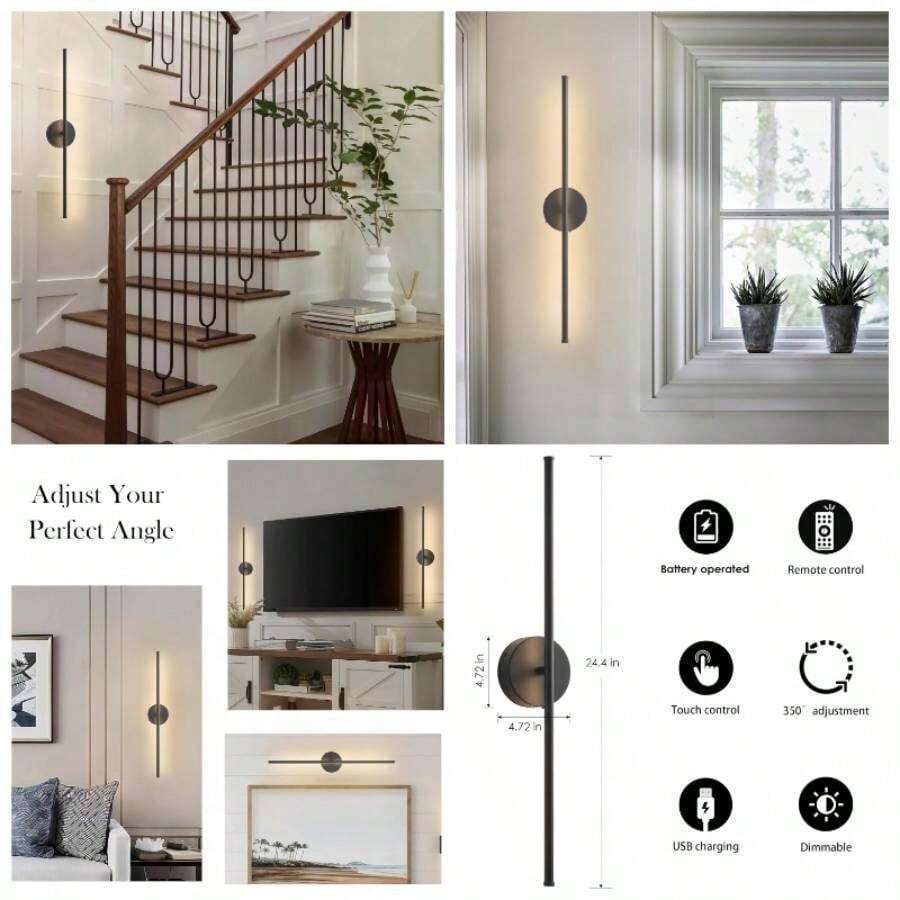 Apliques de pared con pilas, juego de dos apliques regulables, rotacin de 350, luz de pared inalmbrica de oro de K para sala de estar, recmara, pasillo, 24.4 pulgadas paquete de - negro - + 24,4 pulgadas - Ver 1