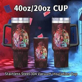 Botella de agua de acero inoxidable de 20oz/40oz con tema de anime <Haz/Bin Hotel> - Aislada al vacío de doble pared, a prueba de fugas con asa y pajita - Perfecta para la escuela, viajes, deportes y regalos de San Valentín (retención de calor/frío)