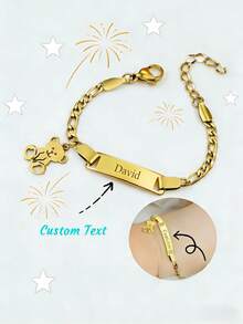 Personalized Mini Bear Bracelet (1 Piece) - Gold-Plated Stainless Steel Interlocking Chain, Customizable With Name/Date, Perfect Gift For Birthdays/New Year's Eve/Valentine's Day, Versatile Jewelry For Daily & Special Occasions, Cute Bear Pendant, Durable & Comfortable, Year-Round Wear, Stylish & Meaningful Keepsake