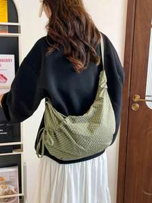 Japanischer Stil karierte Umhängetasche, modische plissierte Damen-Handtasche mit Schleife und Reißverschluss-Dekor, Umhänge-Aktentasche geeignet für Mittel-/Oberschüler und Studenten, leicht faltbare Stofftasche, ideal für Einkaufen und Pendeln, halbmondförmig - Verschiedenfarbig - Übersicht 5