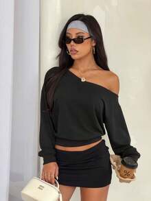 Áo nỉ đen hở vai, áo crop top tay dài phong cách ngọt ngào và cay nồng dành cho những người yêu thích thời trang Y2K - màu đen - Xem 6