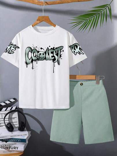 男童字母印花圆领短袖T恤和短裤休闲套装