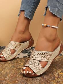 Sandalias de cuña con lentejuelas casuales para mujer, primavera/verano - Dorado - Ver 1