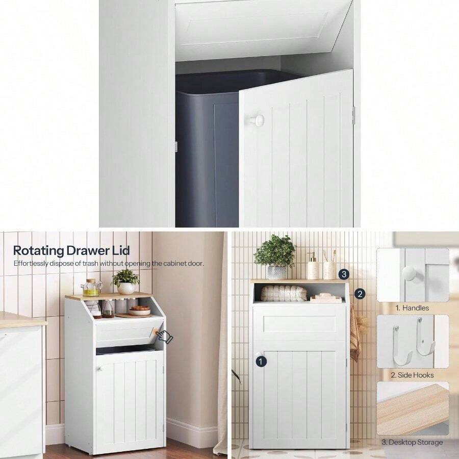 Trash Cabinet, Freestanding Trash Can Cabinet, Wooden Recycling With Flip Door, Hidden Kitchen Garbage Can, 10 Gallon Laundry, Kitchen, Laundry, White WB01WT - 白色 + 1 x 10 加侖 - 查看 1