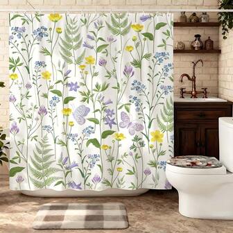 1pc Plant & Floral Pattern Shower Curtain, Nature Inspired Design, Elegant Bathroom Decor, Wild Flowers, Ferns, Butterflies, Earth Tone Soft Colors, Home Decoration, Privacy Screen, Exquisite Pattern, Suitable For All Ages, Bathroom Shower Curtain, Polyester Material, With Hooks.