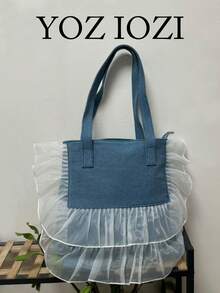 返校季韩版小众设计通勤外出购物日常帆布手提包，大容量撞色荷叶边手提包，适合大学生，多功能手提包单肩包，校园手提包 - 藍色 - 查看 2