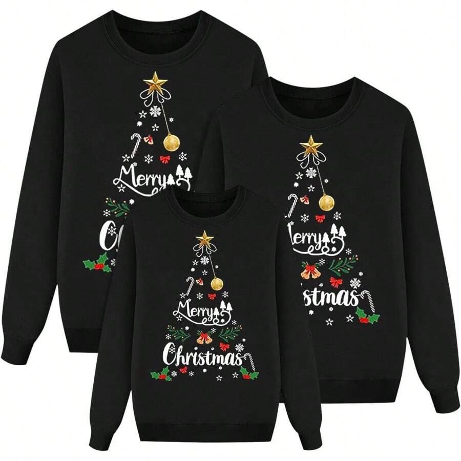 Sudadera navidea Pap Noel Feo Sudadera Divertida de Vacaciones Tops cmodos de Manga Larga Patrn de rbol de Navidad Pullover Navidad para pap Nios Mam Pullover - niño pequeño + 6-7 Años + F-black - Ver 1