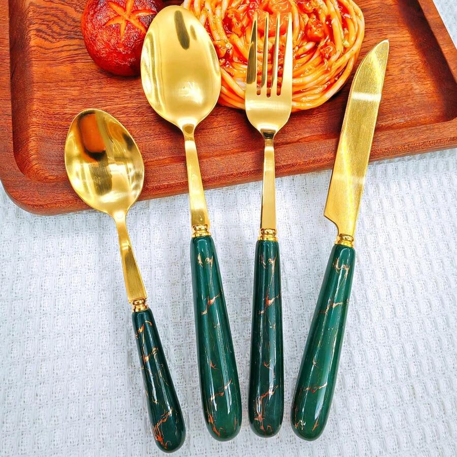 4pcs Golden Unique Stainless Steel Tableware, Old-Fashioned Silverware, Elegant Colorful Ceramic Handle Table Knife, Dessert Spoon, Fork And Spoon - Multi-Color Creative Tableware Porcelain, Perfect For Daily Dining And Holiday Gatherings