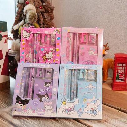 Sanrio 6pcs/Set Hello Kitty Cartoon Ruler, Pencil Sharpener, Eraser, Notebook Stationery Set, Creative Drawing Office Supplies Kitty Cat Stationery Gift Set (Some Accessories May Be Random) (Packaging Design Is Random)