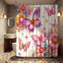 1件花卉图案浴帘，植物设计面料，家居浴室装饰，花卉、蕨类、蜂鸟、蝴蝶，春日自然浴室配件，白色背景上充满活力的植物艺术，保护隐私，优雅的浴室浴帘，涤纶材质，带挂钩 - 彩色 - 查看 8