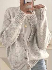 WoolFortune Women's Crew Neck Elegant Cardigan Sweater, Solid Color For Everyday Wear In Autumn/Winter/Spring, Soft & Comfortable Material, Button-Front, Casual Outfits, Heathered Gray Knit Cardigan, Button-Front Cardigan, Casual Everyday Outfits, Soft Fuzzy Plus Size Sweater, Fashion Long Sleeve Women's Clothing, Valentine's Day Gift, Gift For Wife Or Girlfriend