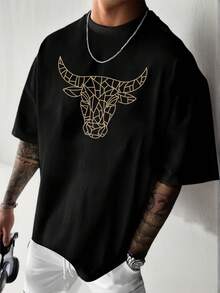 Men's Casual Versatile Simple Personalized Bull Head Line Art Animal Print Short Sleeve T-Shirt - Black - View 2