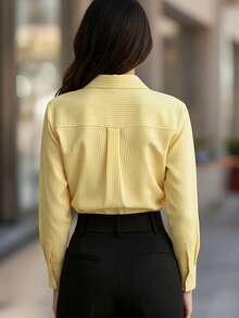 优雅女士黄色条纹长袖纽扣衬衫 - 黃色 - 查看 5