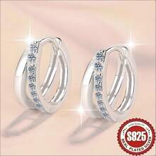 1 par de pendientes de aro hueco con doble línea y circonita cúbica, de plata de ley 925 hipoalergénica, elegante y minimalista, versátil y de lujo, delicado y único, brillante, adecuado para uso diario de mujeres, festivales y como regalo - 1 par de pendientes de aro de doble cara bañados en plata S925 - Ver 2