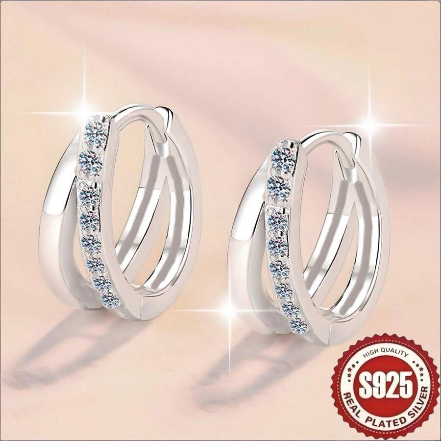 1 par de pendientes de aro hueco con doble línea y circonita cúbica, de plata de ley 925 hipoalergénica, elegante y minimalista, versátil y de lujo, delicado y único, brillante, adecuado para uso diario de mujeres, festivales y como regalo