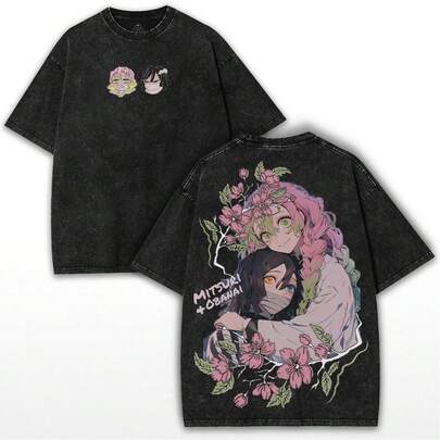 Obanai x Mitsuri – Camiseta Retro Lavada de Anime Duo con Vibra de Hashira de Serpiente y Amor, Vestido Básico de Algodón Pesado y2k, soulja, concierto, Halloween, gótico, vintage, gráfico de streetwear