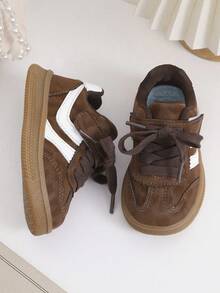 1 Pair Toddler Boys/Girls Floral PU Hook And Loop Design Casual Sports Shoes, Fashionable , Suitable For Autumn - Brown - View 2