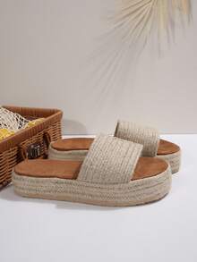 Sandalias de mujer con suela de plataforma de cuerda de lino, pantuflas de suela gruesa casuales, nuevo estilo de primavera/verano - Caqui - Ver 7