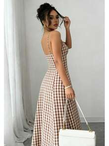 格纹双色休闲波西米亚风露背收腰/褶皱腰连衣裙，适合度假、晚宴约会、夏季派对等场合，优雅大方。 - 紅色 - 查看 4