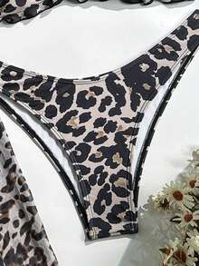 新款性感豹纹网纱迷你裙，适合海滩、泳池派对和度假，吊带设计，三件套比基尼泳衣套装，女士