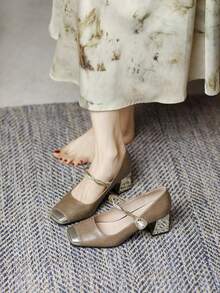 Square Toe Embroidered High Heel Pumps For Women, Chunky Heel, Versatile - Brown - View 2