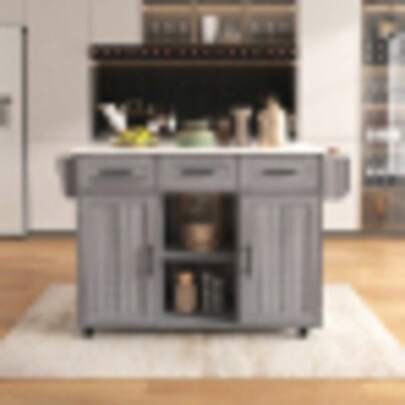 139x46(71)x91,5 cm duży Servierwagen/Beistellschrank, szary Massivholz-Furnier für den Korpus + weiße Marmor-Furnierdekoration für die Arbeitsplatte, Schrank/klappbare Arbeitsfläche/Stauraumtüren/r