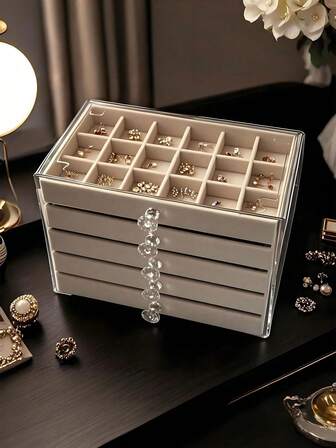 5-Layer Acrylic Jewelry Box, Transparent Jewelry Storage Box, Velvet Drawer Jewelry Box, 54-Slot Large Capacity Jewelry Organizer, Suitable For Home & Travel, Fade-Resistant Soft Pad Drawer Design, Women's Accessory Display Box, Multi-Drawer Jewelry Storage Box For Rings, Necklaces, Bracelets, Earrings And Pendants, Elegant Display Rack With Crystal-Shaped Knob