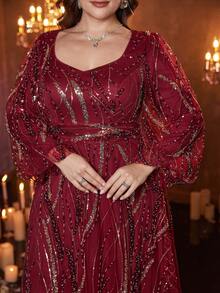 [随机剪裁] UNITHORSE Plus 女士甜心领口灯笼袖修身长款晚礼服 - 酒紅色 - 查看 5