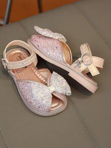 1双时尚百搭女童珍珠水钻蝴蝶结装饰可爱平底凉鞋，圆头，适合日常穿着、跳舞、户外活动，亮片装饰，闭趾公主鞋，春秋季款 - 粉色 - 查看 4