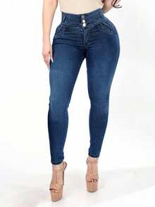 高腰提臀修身铅笔裤，女士休闲度假春季牛仔裤 - 藍色 - 查看 3