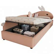 Upholstered Bed, Single Bed, Children's Bed, Cute Rabbit Pattern Headboard, Hydraulic Bed With Storage Space, Raised Soft Rail, Left Side Panel, Velvet, Pink And White, 90 X 200 Cm - Red Bean Paste + Velvet - View 8