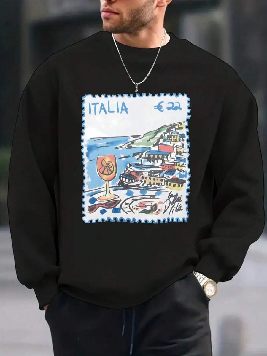 Men Graphic Print Sweatshirt White Crewneck Pullover With Italia Postage Stamp Design Vintage Travel Postage Patterns In Blue Casual Long Sleeve Sweater For Everyday Special Occasions Vacation Outfit Essential Sweater Leisure Clothing Medium Stretch Fabric - 黑色 - 查看 1