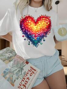 Rainbow Heart Pattern Black T Shirt Women Casual Short Sleeve Top Fashion Graphic Tee For Everyday WearWomen's T-Shirt With Round Neck And Short Sleeves, With Fun Printing On Valentine's Day, Is Suitable For Christmas Partiessports Activitiesholiday Partiesoutingsdatessports, Daily Leisureholiday Gifts (220g). - White - View 2